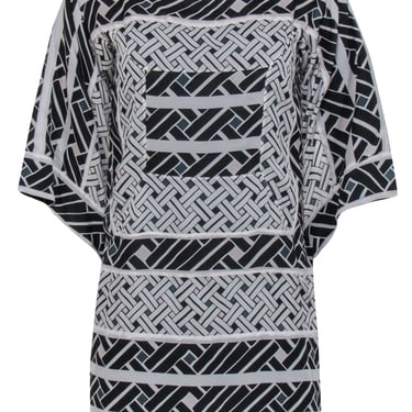 Diane von Furstenberg - Black & White Printed Silk Boat Neck Dress Sz 0