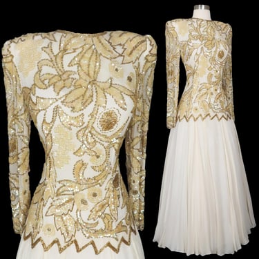 Vintage 80s Off White Cream SILK Chiffon Gold Beaded Sequin Long Sleeve Maxi  Prom Party Dress Formal Gown M Medium Beading Dance Gala Maxi 