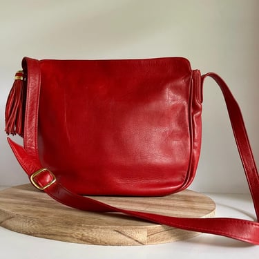 Vintage 90s Red Genuine Leather Tassel Pull Crossbody Bag 