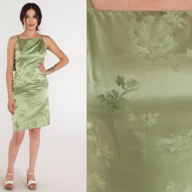 Green Silk Dress 60s Party Dress Floral Embossed Cocktail Midi Sleeveless Pencil Hourglass Formal High Waisted Mad Men Chic Vintage 1960s XS 