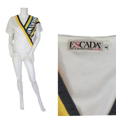 Escada 1980's White Tiger Stripe Cotton New Wave T Shirt I Top I Blouse I Sz Med 
