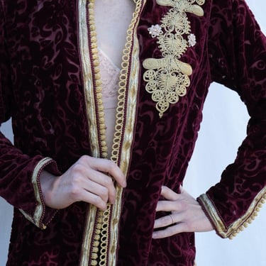 Burgundy Velvet Jacket / Burnout Velvet and Gold Ribbon Moroccan Blouse / Velvet Bell Sleeves Blouse Jacket 