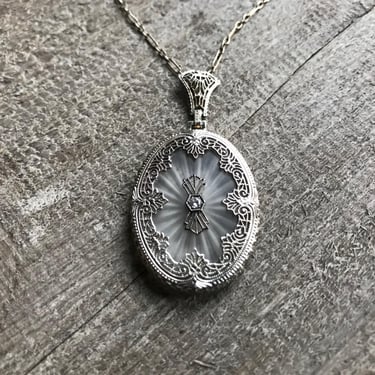 Art Deco Camphor Necklace with Diamond, 14K White Gold, Pendant, Camphor Glass, Period Jewelry, KH 