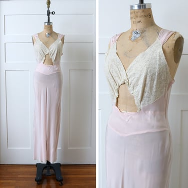 vintage 1940s full length bias cut nightgown • pink rayon & lace cut-out peek-a-boo gown 