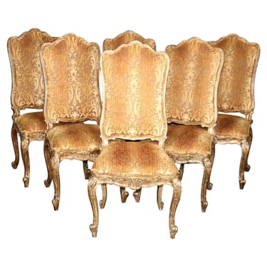 Set 6 Antique Gold Finished Tall Back French Louis XV Carved Backs, circa 1990