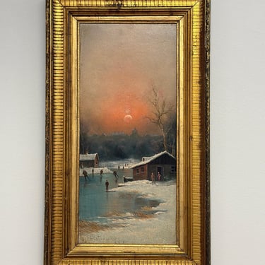 Antique Original Dutch Oil, Winter Iceskating Scene by Nila Christiansen 