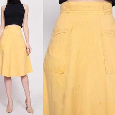 70s Canary Yellow Pocket Skirt - Extra Small, 24.5" | Vintage Boho High Waisted A-Line Midi Skirt 