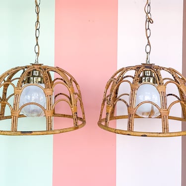 Pair of Rattan Pendants with Murano Glass