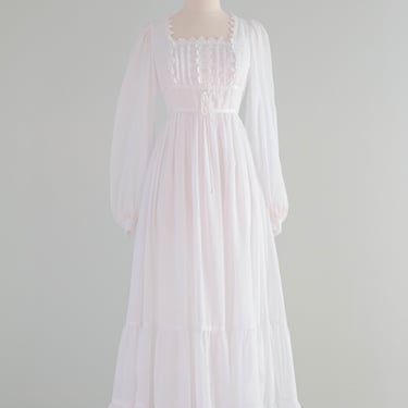 Ethereal  1970's Gunne Sax Cotton Voile Wedding Dress With Corset Waist and Bishop Sleeves / Small