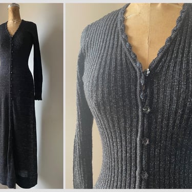 Vintage 1960’s ‘70s sparkly black sweater knit maxi dress | pastel lurex threads, rib knit dress or duster cardigan, XS/S 
