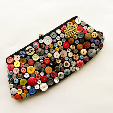 1950s Button Covered Clutch | 50s Black Button Evening Clutch | Wearable Art | Bobbie Jerome 