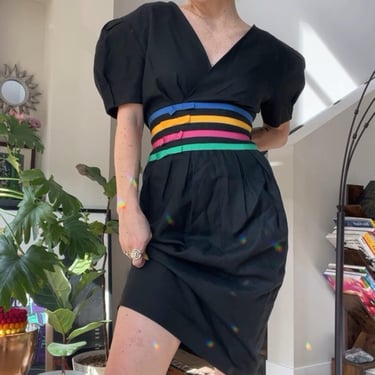 VTG 80s Albert Nipon Rainbow Ribbon Stripe Black Dress 