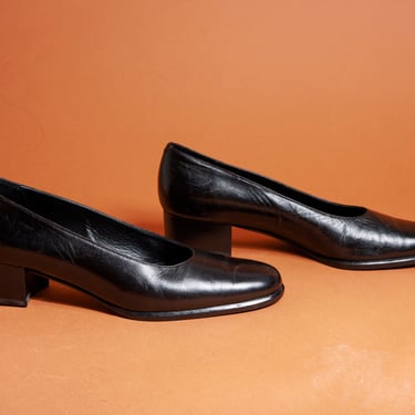 90s Black Leather Italian Slip on Shoes Vintage Classic Chunky Heel Flats 
