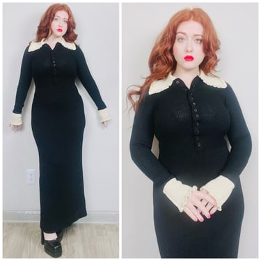 1970s Vintage The Knit Group Acrylic Knit Peter Pan Collar Dress / 70s / Seventies Goth Wednesday Sweater Maxi Gown / Medium 