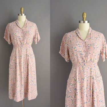 1940s dress | Powder Pink Floral Print Cotton Shirt Dress | Medium | 40s vintage dress 
