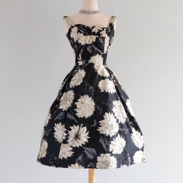 Vintage 1950's Lillie Rubin Silk Cut Velvet Black &amp; White Peony Cocktail Dress / Medium