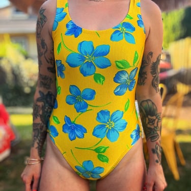 Vintage 80s/90s yellow + blue aloha swimsuit