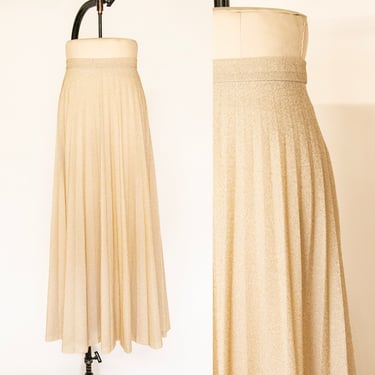 1970s Maxi Skirt Gold Lamé Pleated Metallic M/L 