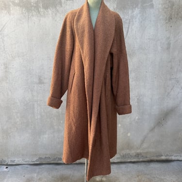 Vintage 1940s Camel Tan Fuzzy Curly Wool Coat Dress Jacket Full Length Swing