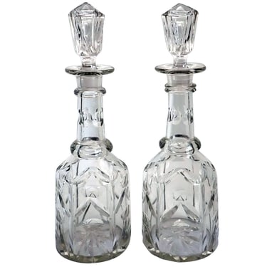 1860's Antique Pair English Mid Victorian Cut Glass Tall Neck Decanters with Stoppers. Gin, Whiskey, Bar or Bathroom. 