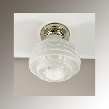 Ceiling Light with Art Deco Glass Saturn Shade, Custom Semi Flush Mount Polished Nickel Fixture 