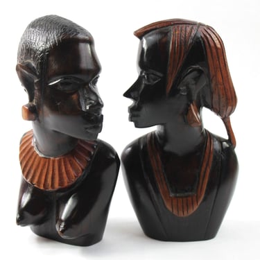 Hand Carved African Ebony Wood Man Women Figurine Bookend Set 