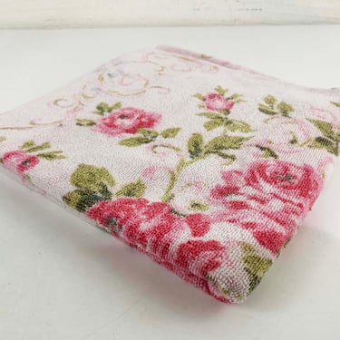 Vintage Cotton Bath Towel Bathroom Decor 1960s 60s Pink Roses Mid-Century Retro Foral Flowers Cannon Terrycloth Shower Home 