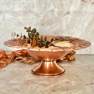 Vintage Copper Bowl, Pedestal, Detailed Floral Edge, Farm House, Mid Century Decor, Sustainable Living 