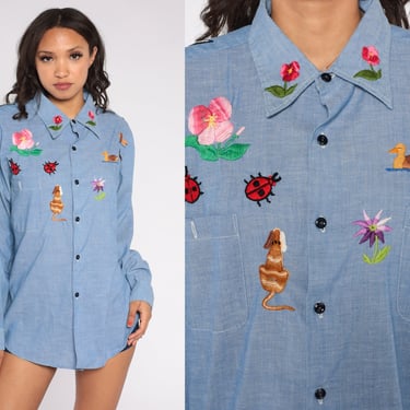 Embroidered Chambray Shirt 70s Floral Button Up Top Flower Ladybug Duck Dog Animal Bird Embroidery Blouse Blue Hippie Vintage 1970s Large xl 