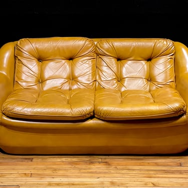 Vintage Space Age Overman Pod Loveseat Sofa in Gold Naugahyde - Mid Century Modern Swedish Furniture Tufted Vinyl Two Seat Couch 