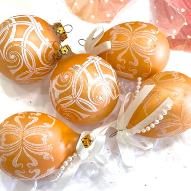 VINTAGE: 5pcs - Glass Ribbon Ornaments - Peach Holiday Ornaments - Christmas - SKU 00035004 