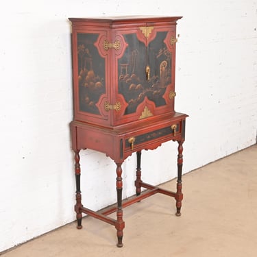 Antique Chinoiserie Jacobean Red Lacquered Hand Painted Bookcase or Bar Cabinet, Circa 1920s