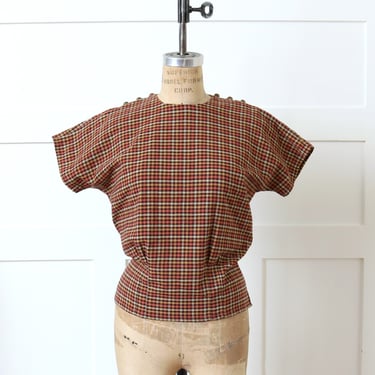 vintage 1950s tailored blouse • short sleeve checked cotton fifties top with button shoulders 