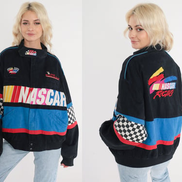 Vintage NASCAR Jacket 90s Racing Jacket Zip Up Bomber Winston Cup Racecar Sports Car Auto Race Checkered Striped Spellout 1990s Medium M 
