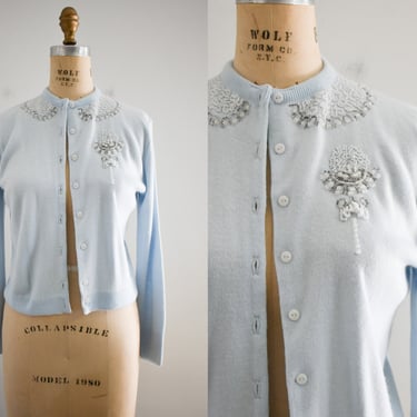 1950s/60s Pale Blue Beaded Cardigan Sweater 