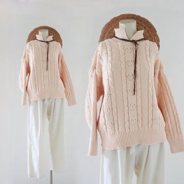 pointelle collared sweater - l - vintage 80s 90s peach womens cable knit cotton long sleeve size large cute cottage cottagecore sweater 