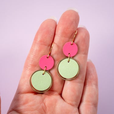 Pink + Green Orbit Leather Earrings - Colourful Retro Statement Earrings 