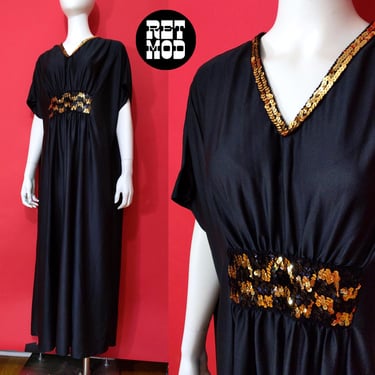 Chic Vintage 70s Black Caftan with Gold & Black Checkerboard Sequins 