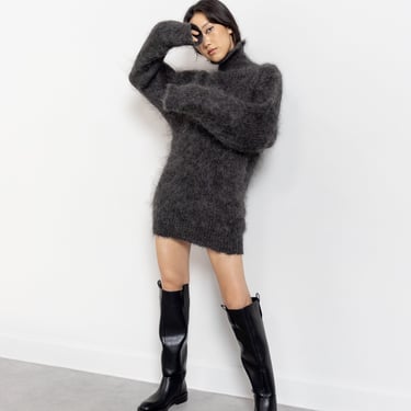 GREY MOHAIR TURTLENECK Oversize Boxy Longline Fuzzy Wool Jumper Sweater Fall Winter / Medium Large 