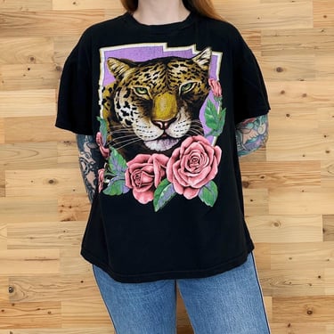 Vintage Leopard Roses Print Sunrise Sportswear Black Tee Shirt T-Shirt 