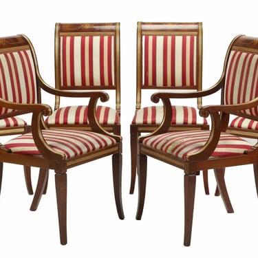 Chairs, Dining, (6) Regency Style, Parcel Gilt, Red and White Stripe, Vintage!