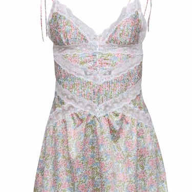 For Love & Lemons - Pink & Green Floral Print Mini Dress w/ Lace Trim Sz S