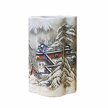 Chinese Off White Porcelain Snow Scenery Flower Shape Vase ws2356E 