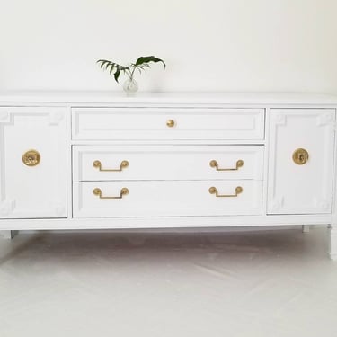 Sold##Hollywood Regency credenza,  sideboard, white and brass, vintage empire style Buffett, media console, painted furniture NJ NYC 