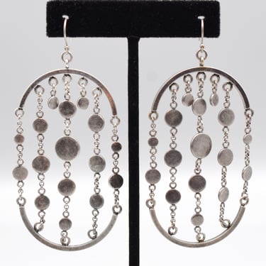 Mod 70's pewter discs on chains shoulder dusters, edgy antiqued metal oval beaded curtain dangles 