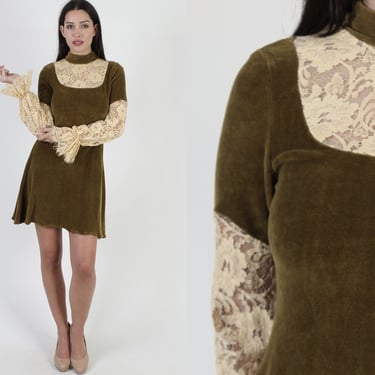 1970s Moss Velvet Lace Sleeve Short Cottagecore Dress 