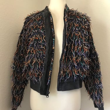 Vintage furry rainbow dark grey zip up womens jacket size small 