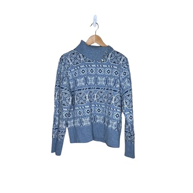 Vintage Liz Claiborn Blue and White Wool Split Neck Nordic Ski Sweater, Size XL 