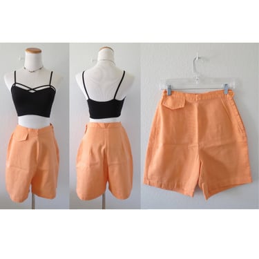 Vintage 60s Shorts - Orange High Waisted Short - 1960s Knee Length Shorts - Size Small 