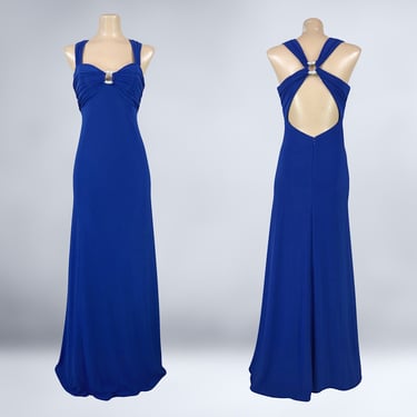 VINTAGE 90s Blue Jersey Open Back Formal Dress By Night Way Size 4 | 1990s Sexy Long Cocktail Prom Gown | VFG 